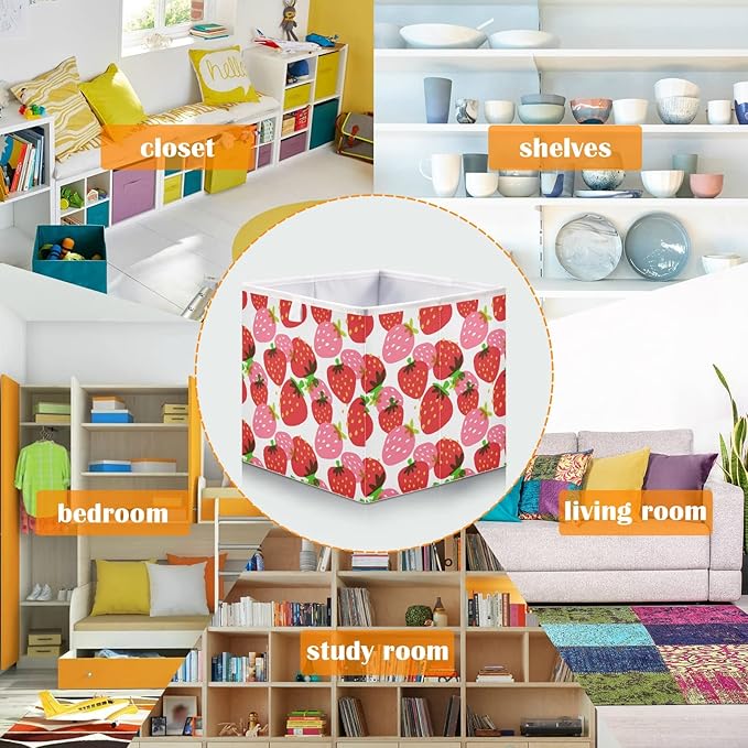 Blueangle Beautiful Strawberry Cube Storage Bin, 11 x 11 x 11 in, Large Collapsible Organizer Storage Basket for Home Décor