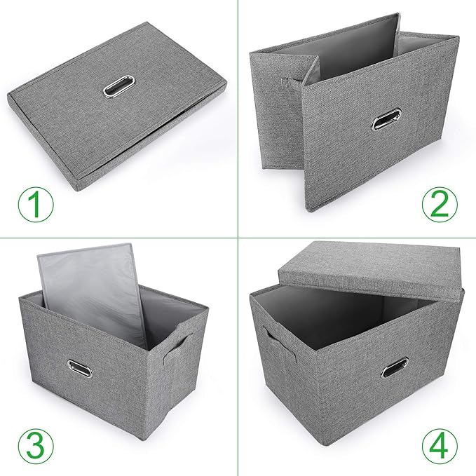 Large Linen Fabric Foldable Storage Bins with Removable Lid and Handles, Washable Storage Box Organizer Containers Baskets Cube with Cover for Bedroom,Office(Coffee, XXL(2-Pack))