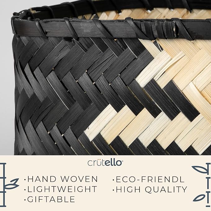 Crutello Woven Bamboo Storage Baskets, Set of 3 Black and Natural Pattern Bamboo Baskets for Storage, Organization Boho Basket, Farmhouse Basket Bins, Black Wicker Basket for Decor Living Room Pantry