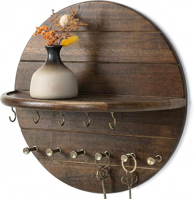 Rebee Vision Acacia Wood Decorative Key Holder Wall Mount for Home Decor- Farmhouse Round Key Holder for Wall with Shelf & 11 Hooks - Rustic Mail Organizer for Apartment Essentials (Dark Acacia)