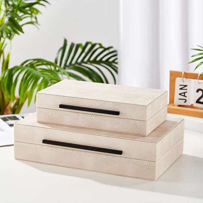Denique Shagreen Decorative Boxes Set of 2, Leather Jewelry Storage Box Modern Storage Boxes with Lids, Ivory Stacking Boxes with Black Metal Handles Home Organizer Box