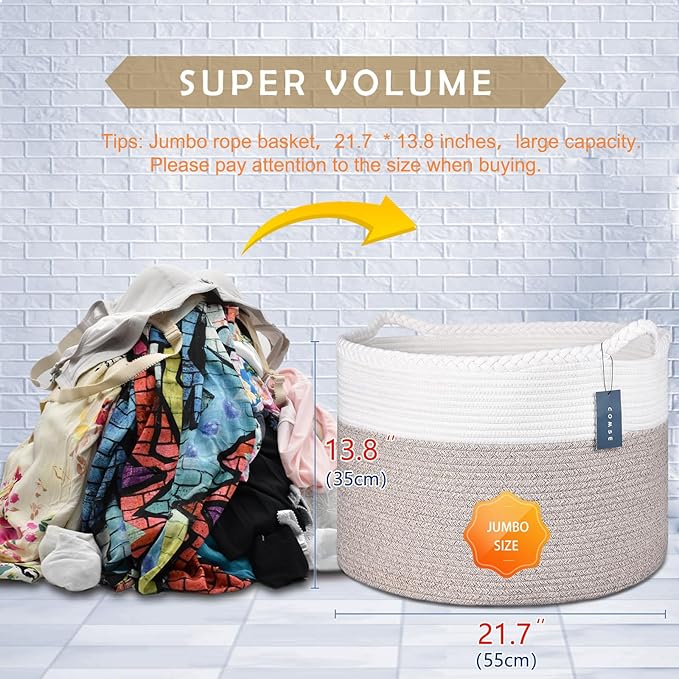 COMSE Extra Large Blanket Basket, Woven Laundry Basket, 21.7âx 13.8â, Nursery Hamper, Cotton Rope Laundry Hamper Living Room for Storage Toys Clothes Towels (White & Light Brown)