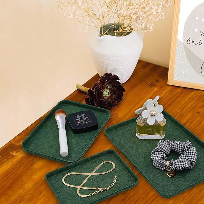 Welaxy Desk Drawer Felt Tray DND dice Games Holder EDC Cathall nightstand multitray Entryway Bedside Caddy Counter Organize for Keys Jewelry Watches 3-Piece (Forest Green)