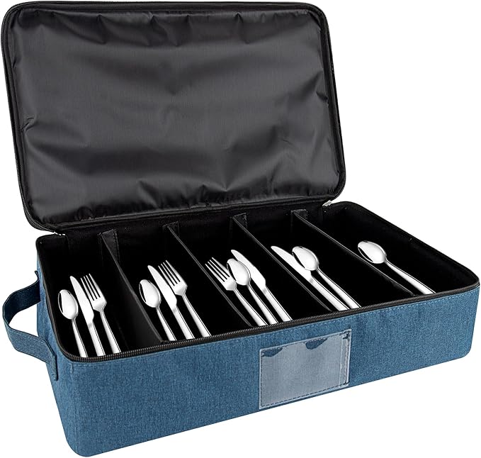 Flatware Storage Case-5 Compartment Silverware Storage Container Box with Removable Lid and Easy to Carry Handles,Cutlery Storage Holder with Zipper Lid for Organizing Cutlery