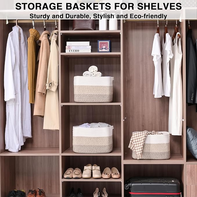 Storage Baskets for Organizing Shelves, Woven Cotton Rope Basket for Storage, Decorative Baskets for Shelves, Soft Basket for Living Room Bedroom, 14.8"×11"×9.5", Pack of 3, Gradient Brown