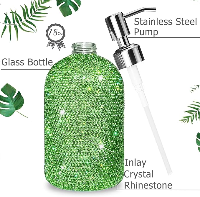 SlowVibes 18Oz Bling Green Soap Dispenser with Rust Proof Stainless Steel Pump,Refillable Liquid Hand Wash Bottle for Bathroom Kitchen,Sparkle Decorative Shower Dispenser,Rhinestone Lotion Dispenser