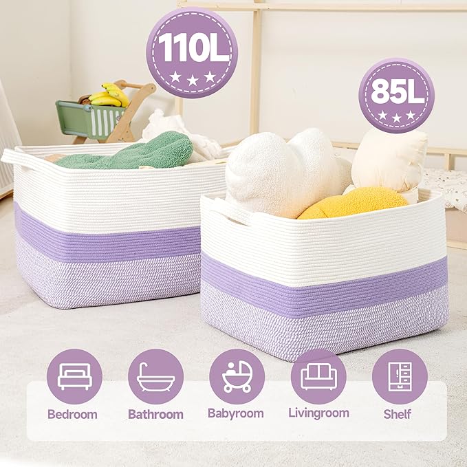 CLHMILY&Z Stylish Square Cotton Rope Storage Basket (Purple & White, 110L)