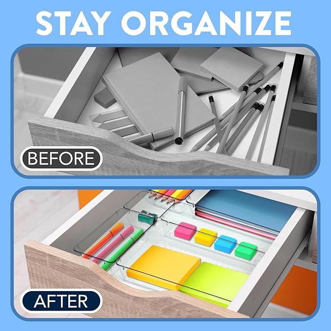 Drawer Organizer Set - Includes 1-piece 9x6" bins, 2-piece 9x3" bins, 6-piece 6x3" Bins, 6-piece 3x3" Bins, Stackable 4 Size Storage Trays for Makeup, Kitchen, and Office, Pack of 15