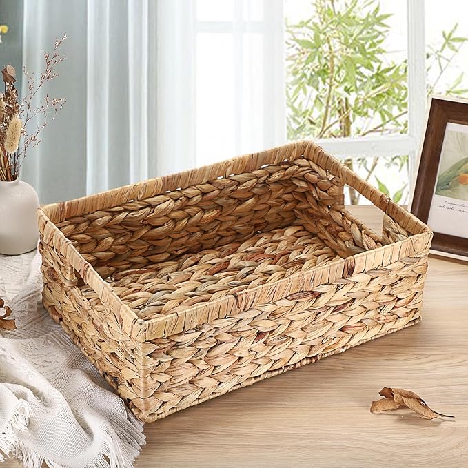 Woven Open Storage Bins Large Wicker Shelf Basket with Built-in Handles Natural Water Hyacinth Storage Baskets for Toiletries Books Fruits Organizing,15 x 10.2 x 5 inches
