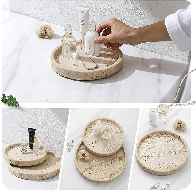 Natural Marble Tray, Round Tray for Bedroom/Bathroom/Kitchen/Vanity Countertop, Jewelry Tray for Rings Earrings Necklace Bracelet Watch, Room Decor Aesthetic