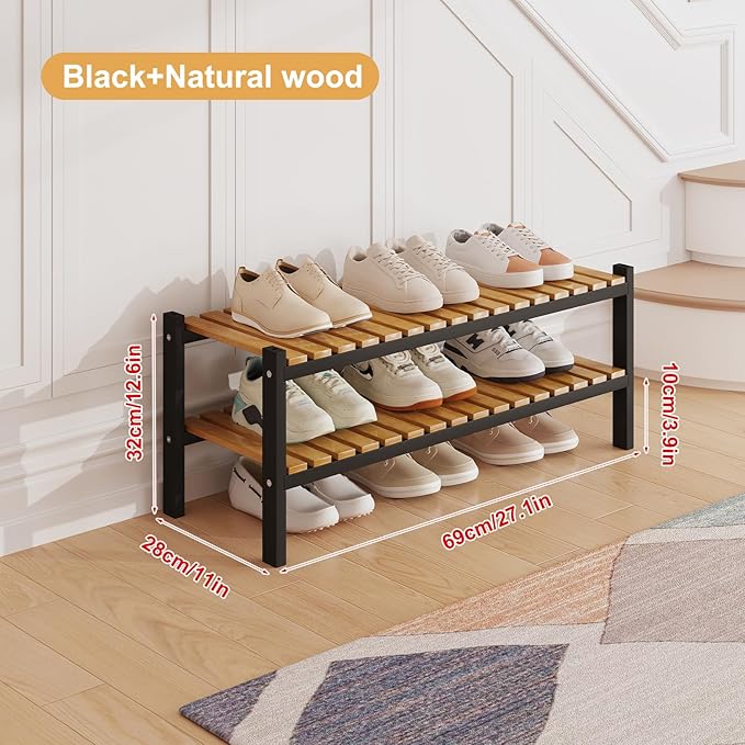 Bamboo Shoe Rack Organizer for Closet and Entryway - Space-Saving Narrow Shoe Stand - Versatile Shoe Holder for Door or Closet Shelf, Garage Bedroom can Freely Stack DIY Small Shoe Racks 2 Tier