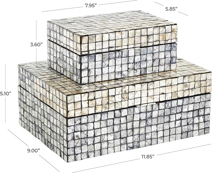 Deco 79 Mother of Pearl Shell Geometric Handmade Decorative Box Square Mosaic Storage Decorative Keepsake Box with Beige Accents, Set of 2 Storage Box 12", 8"W, Gray