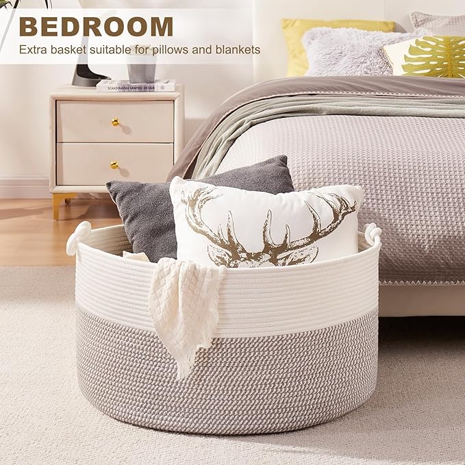 Large Blanket Storage Basket for Living Room, 22.8" x 22.8" x 13" Woven Cotton Rope Basket with Handles, Baby Toy Storage, Laundry Hamper for Clothes, Pillows, Towels-Grey and White