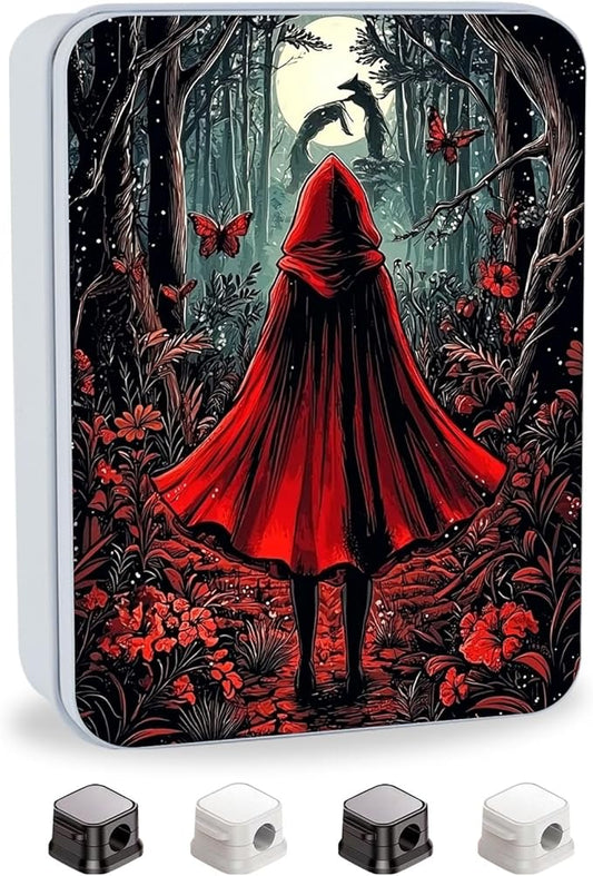 Metal Tin Box with Lid,Multi-functional Storage Large Box Can Store Tea Biscuits Game Cards, Playing & Tarot Cards-Comes with 4 Magnetic Cord Clips,Red Hood in Forest