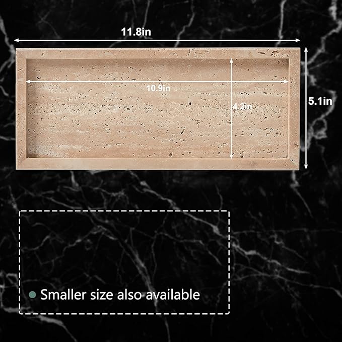 Natural Small Marble Vanity Tray, Luxury Stone Organizer for Bathroom & Kitchen | Holds Soap Dispenser, Jewelry, Perfume | Non-Resin, Non-Ceramic Décor (Travertine, M (11.8" x 5.1" x 0.78"))