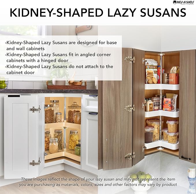 Rev-A-Shelf 2 Tier Kidney Cut Lazy Susan for Corner Base Cabinets, Plastic, 24" Double Shelf Swivel Kitchen Spice/Can Organizer, White, 3472-24-11-52