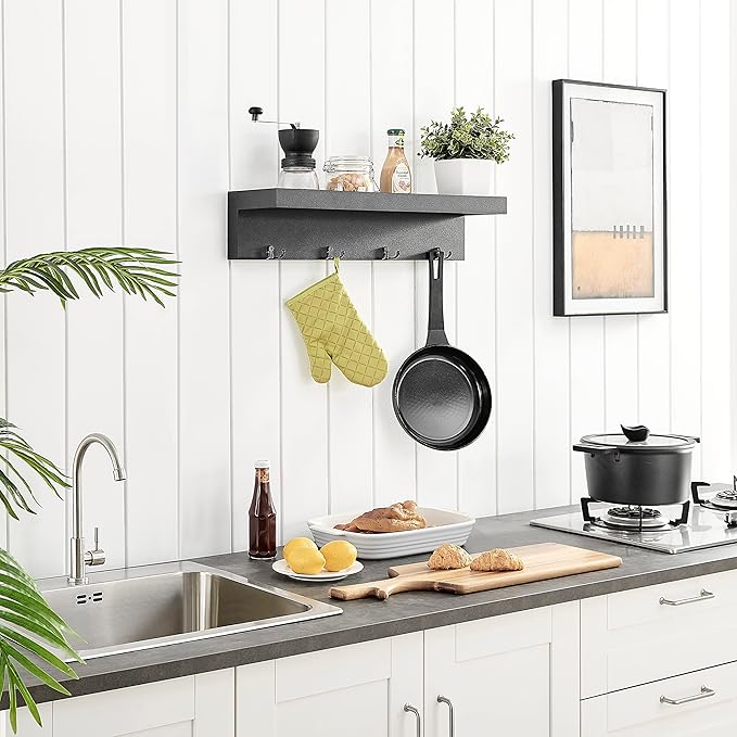 Danya B Wall Mounted Entryway Floating Coat Rack with Four Hanging Hooks and Decorative Ledge Shelf - Great for Entryways, Hallways, Bedrooms, Kitchens, and Bathrooms (Black)