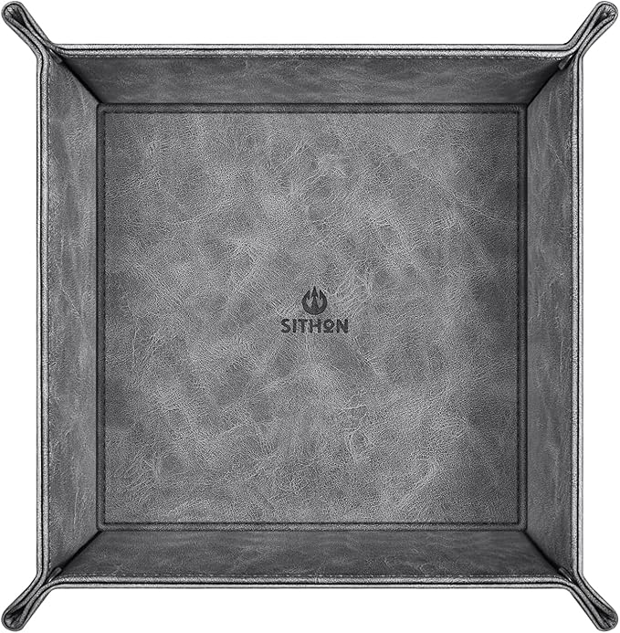 SITHON Valet Tray Desktop Storage Organizer â Premium PU Leather Catchall Bedside Vanity Tray Nightstand Caddy Holder for Remote Controller, Keys, Phone, Wallet, Coin, Jewelry (Gray)