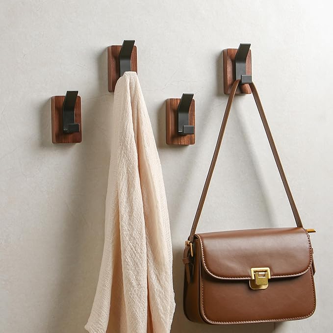 4 Pack Wooden Wall Hooks, Adhesive and Screw Mounted for Heavy Duty, Boho Decorative Coat Hooks for Towel, Clothes, Blanket, Hat, Entryway, Nursery Door