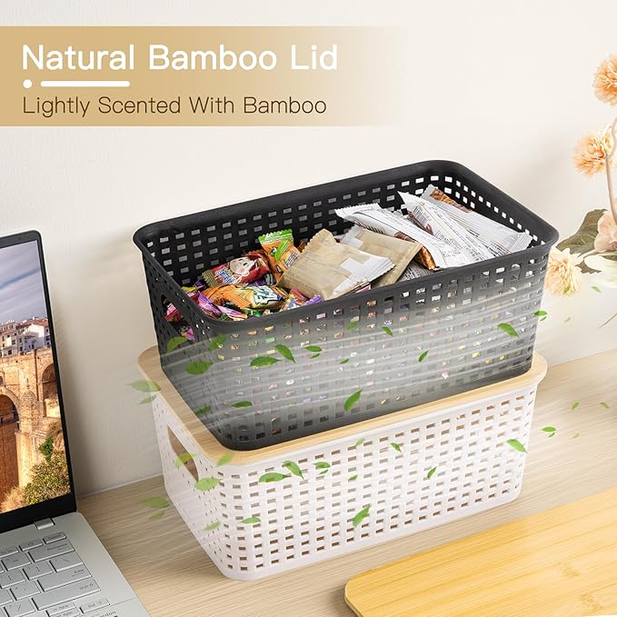Criusia 6 Pack Plastic Storage Baskets With Bamboo Lid, Stackable Storage Baskets for Organizing Desktop Closet Shelves Drawers Pantry Organization Office Playroom Classroom (Black)
