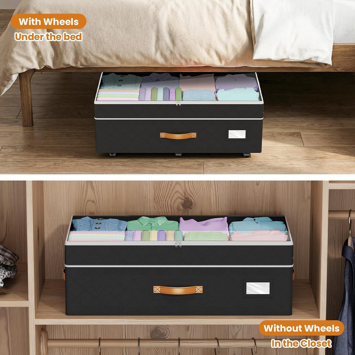 Budding Joy 80L 2 Pack Adjustable Under Bed Storage with Wheels Underbed containers with clear lids, rolling under bed shoe storage organizer for dorm home clothes, blankets, toys, black