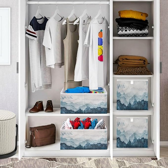 Blueangle Blue Watercolor Mountains Cube Storage Bin, 11 x 11 x 11 in, Large Collapsible Organizer Storage Basket for Home Décor
