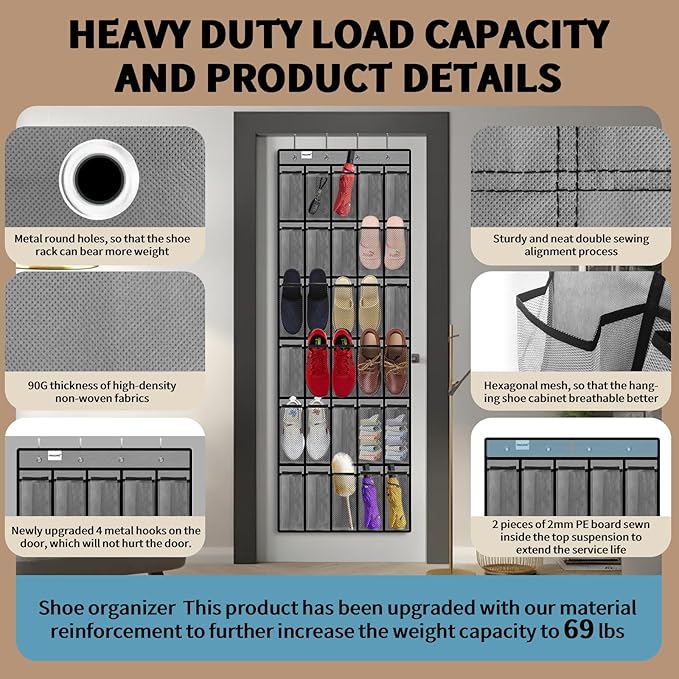 PAULONE Massive 70-Inch Dual-Side Family Organizer - Stores Shoes, Handbags, Toys & Baby Gear, Heavy Duty Over Door Storage System for Every Room (Gray)