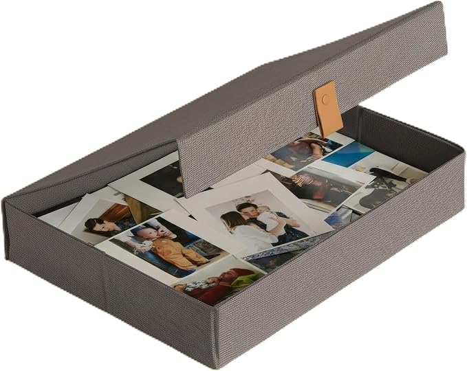 ZICOTO Decorative Photo Storage Box with Lid - A Beautiful Linen Organizer Perfect to Safely Store Your Pictures, Documents, Scrapbooking Supplies, Keepsakes and Other Memories in Style
