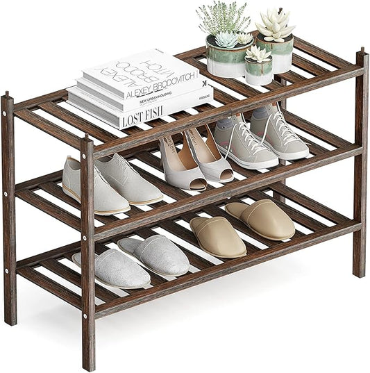 Shoe Rack, 3-Tier Bamboo Stackable Shelf Storage Organizer, Stand for Closet, Entryway, Hallway, Bathroom and Living Room（Mocha）