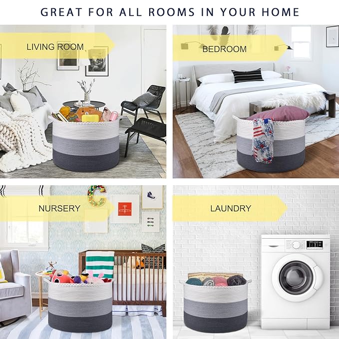 COMSE Extra Large Woven Blanket Laundry Basket, 21.7âx 13.8â, Nursery Hamper, Cotton Rope Laundry Hamper Living Room for Storage Toys Clothes Towels (White & Light Gray & Dark Gray)