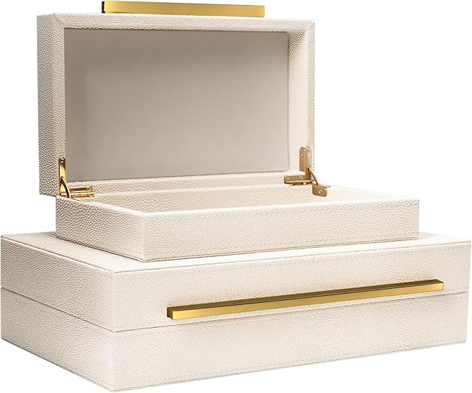 Sagala Set of 2 Beige Shagreen Decorative Boxes With Gold Metal Handles, Faux Leather Jewelry Boxes Modern Storage Boxes Photo Boxes Memory Boxes Home Organizer (Beige-Gold Handle)