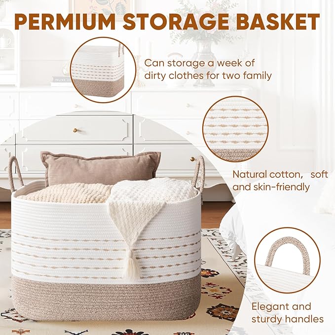 XXL Large Blanket Basket for Living Room, 108L Woven Storage Baskets for Organizing, Rectangle Cotton Rope Basket Toy Chest With Handles--Brown & White
