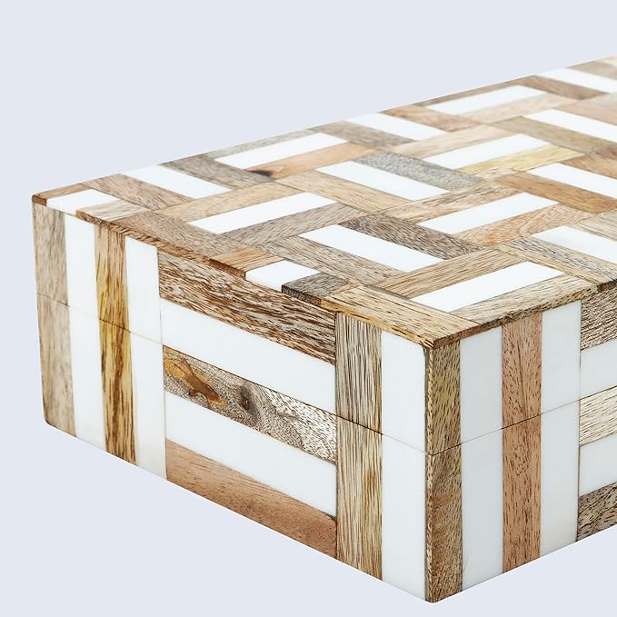 Handicrafts Home White Decorative Box with LidâMarquet Resin Inlay & Wood Decorative Boxes for Home Decor, Decor, Storage Box for Jewellery & Keys White Brown Neutral Decorative Storage Box-10x4.5x2.5
