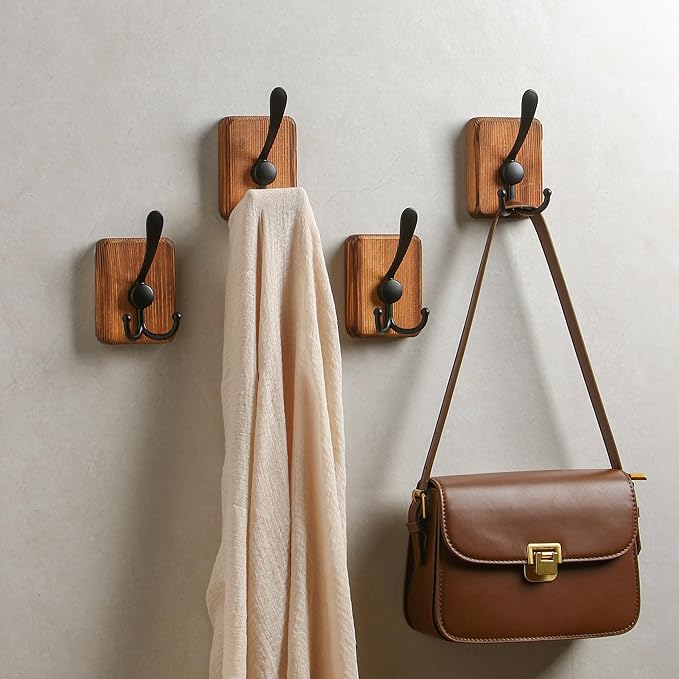 4 Pack Wooden Wall Hooks, Adhesive and Screw Mounted for Heavy Duty, Boho Decorative Coat Hooks for Towel, Clothes, Blanket, Hat, Entryway, Nursery Door