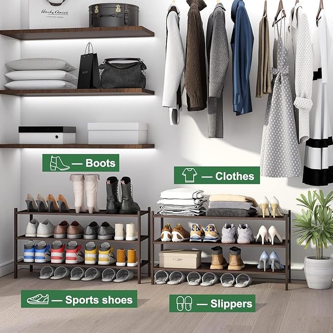 3-Tier Long Shoe Rack, Bamboo Wood Shoe Rack for Entryway, Stackable | Foldable | Natural, Shoe Organizer for Hallway Closet, Free Standing Shoe Racks for Indoor Outdoor