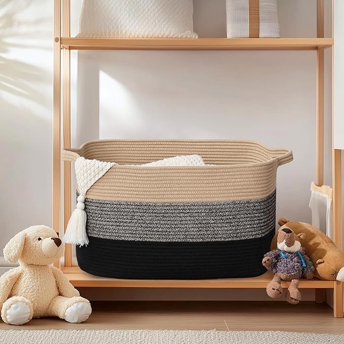 Large Blanket Basket, 60L Storage Baskets for Organizing, Woven Laundry Basket for Blankets, Cotton rope Blanket Storage for Living Room, Nursery Room, 19.7"L x 15.74"W x 11.8"H, Brown & Black