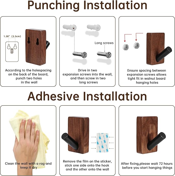 4 Pack Wooden Wall Hooks, Adhesive and Screw Mounted for Heavy Duty, Boho Decorative Coat Hooks for Towel, Clothes, Blanket, Hat, Entryway, Nursery Door