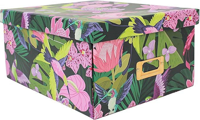 Decorative Storage Box with Lid, Cardboard Paperboard Keepsake box, Green, Foldable, Tropical Floral with Hummingbirds, Photo Storage Box for Memory, Home Decor, Wool Organizer