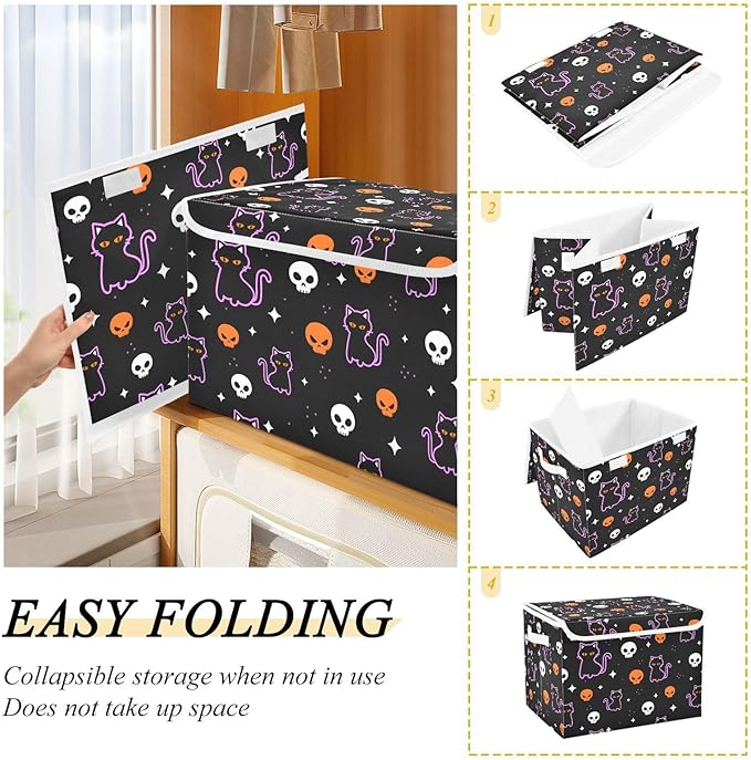 senya Halloween Storage Baskets Collapsible Storage Bins with Lids, Halloween Colored Skulls Black Cat Storage Boxes Clothes Baskets for Organizing
