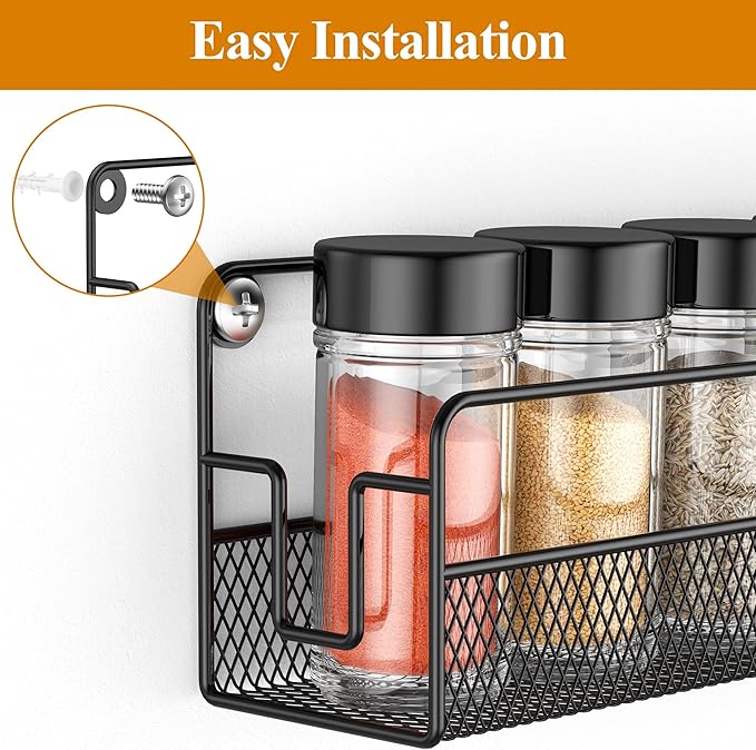 Wall Mounted Spice Rack Organizer, Pantry Door Organizer & Hanging Storage Baskets, Metal Spice Shelf for Kitchen Cabinet, 2 Depth Sizes Hold Large Jars to Nail Polish Bottles, 4 Pack