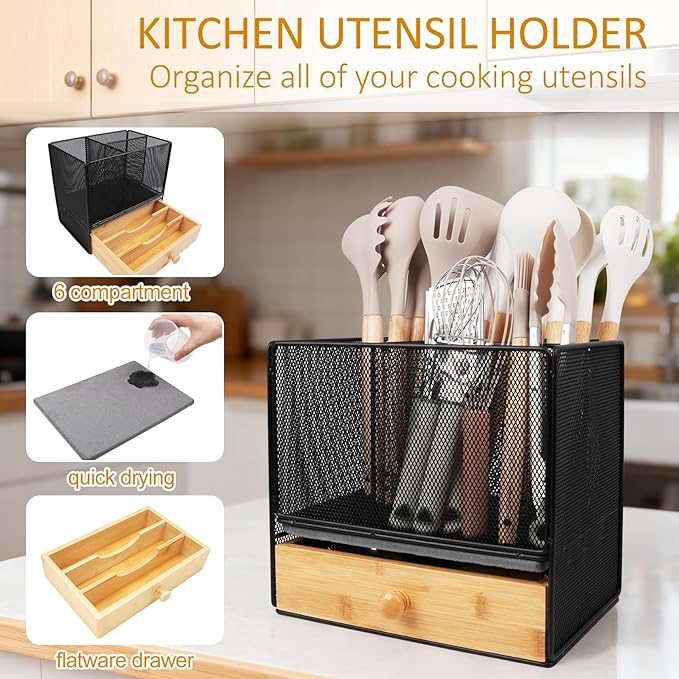 Kitchen Utensil Holder Countertop, Extra Large Utensil Organizer with Drawer, 2-In-1 Utensil & Silverware Holder for Countertop, Kitchen Organizer for Cookware Flatware, with Quick Dry Diatomite Pad