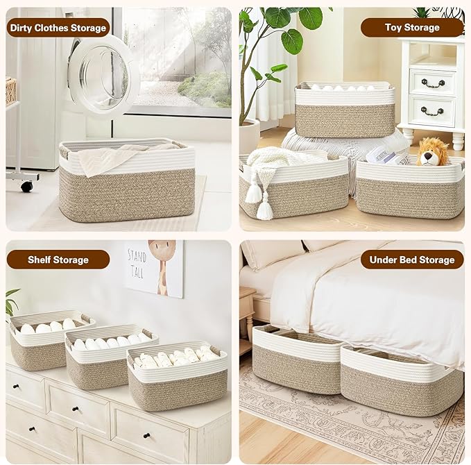 4 Pack Large Storage Basket for Organizing, 17.5"x13.5"x7.5" Woven Basket for Shelves, Closet Cube Storage Bins with Wrapped Handle, Cotton Rope Baskets for Kitchen, Clothes, Toys(Off White & Brown)