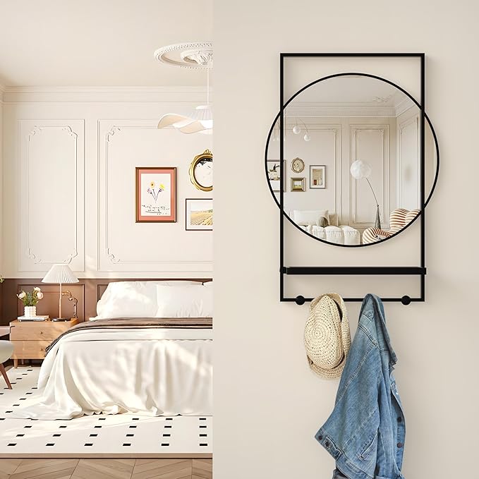 WONSTART 28 x20 Inch Entryway Mirror with Hooks, Bathroom Mirror with Shelf, Rectangular Frame Round Wall Mirror with Shelf and Hooks, Vanity Mirror Decorative for Wall