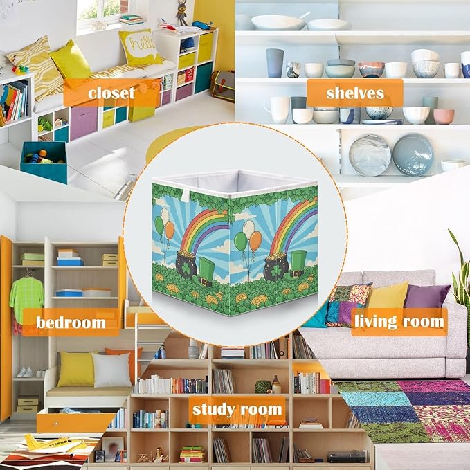 Bolaz St Patrick's Day Shamrock Field Leprechaun Hat Coins Closet Organizers Storage Cubes Storage Bins Shelf Baskets Containers for Home Room Office,Square