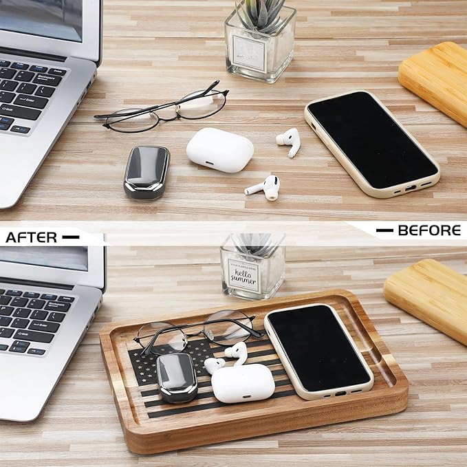 American Flag Valet Tray for Men Wood Catch All Dump Tray EDC Organizer Every Day Carry Bedside Nightstand Table Entryway Holder for Keys Wallet Watches Phones Jewelry 11 x 7.75 x 1 Inch