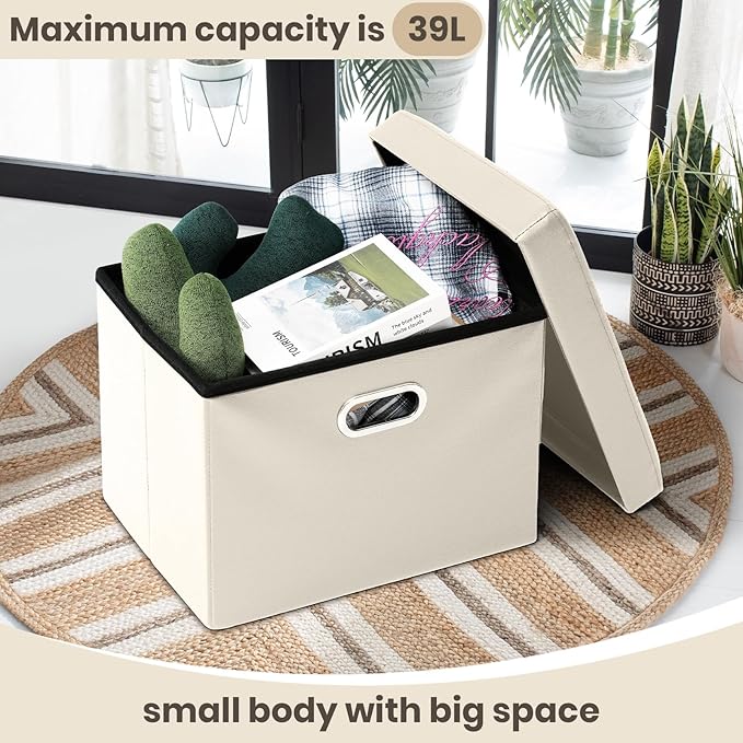 COSYLAND Storage Ottoman Foot Rest - 17x13x13in Leather Ottoman Rectangle Foot Stool Folding for Room Dorm Small Collapsible Bench Seat Organizer Entryway Furniture with Handles Lid Beige