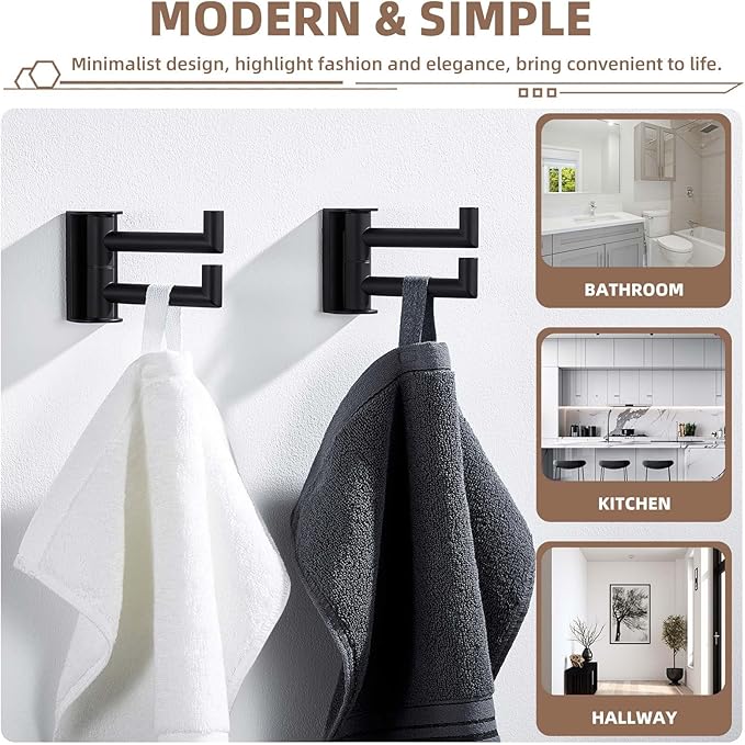 Suyar Double Towel Hook Matte Black, SUS 304 Stainless Steel Heavy Duty Wall Hook for Bathroom, Swivel Coat Holder, Towel Hanger with 2 Foldable Arms, 2 Pack