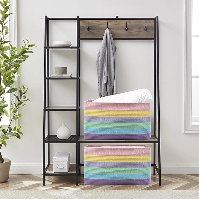 Large Blanket Basket, Rectangle Woven Baskets for Storage, Blanket Storage for Living Room, Cotton Rope Big Storage Basket for Blankets (Light Rainbow)