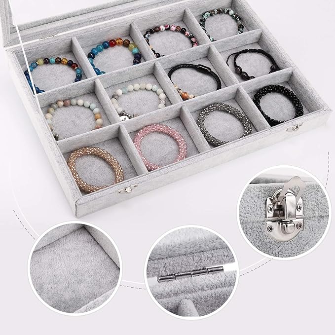 Emibele Jewelry Organizer Bracelet Storage Tray Box, 12 Grids Jewelry Tray with Clear Lid Velvet Jewelry Box for Necklace Bracelets Bangles Display Storage Organizer Box, Grey