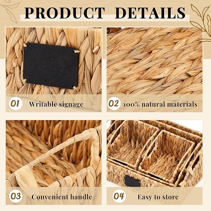 4 Pcs Water Hyacinth Storage Basket Set Wicker Rattan Pantry Basket with Chalkboard Label Handles Woven Container Kitchen Laundry Large Small for Shelves Food Home Bathroom Decor